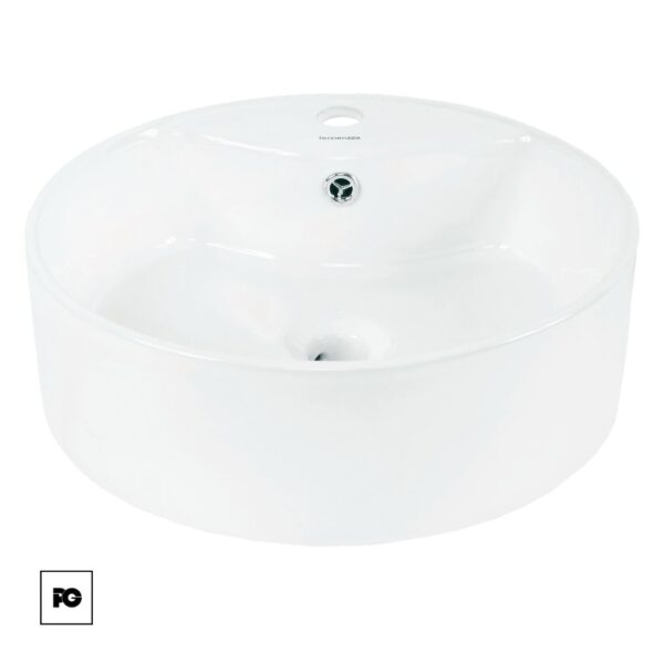 Round white ceramic bathroom vessel sink with central drain and faucet hole on rim